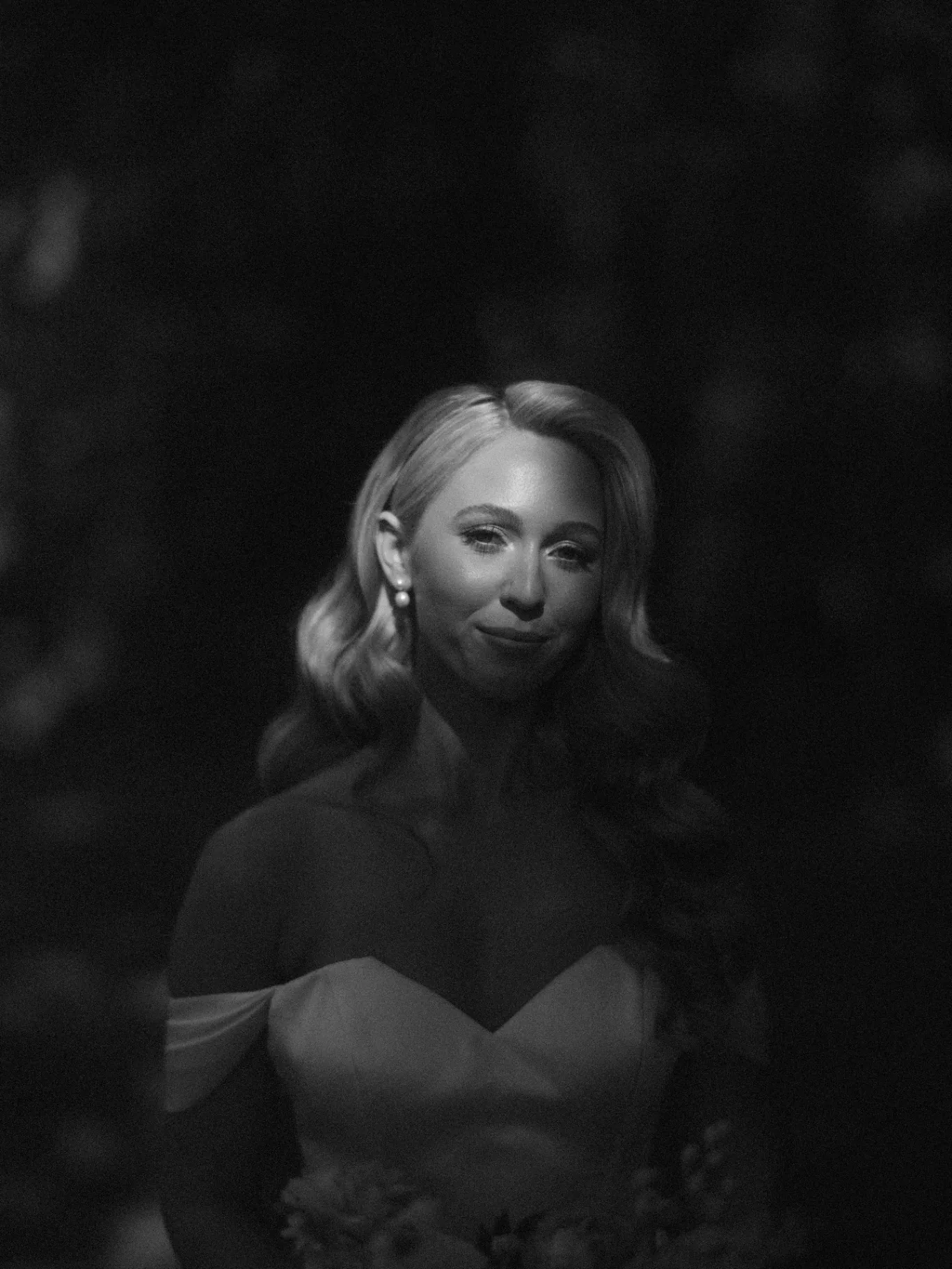 Black and white portrait of a bride in soft light